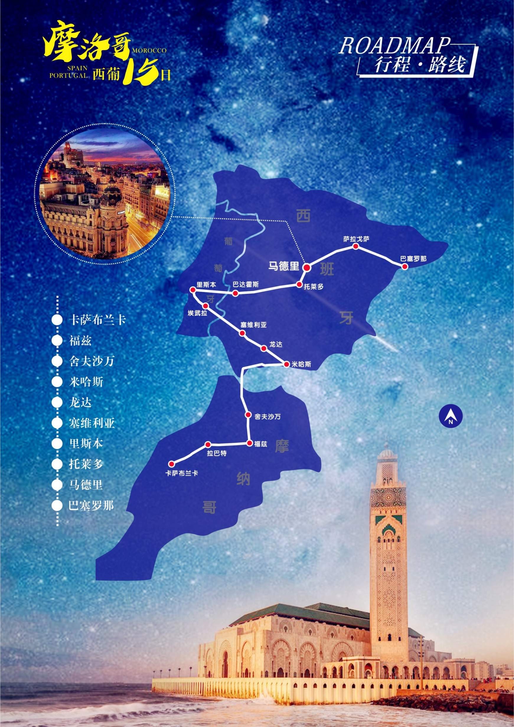 西班牙马德里+巴塞罗那+葡萄牙罗卡角+摩洛哥