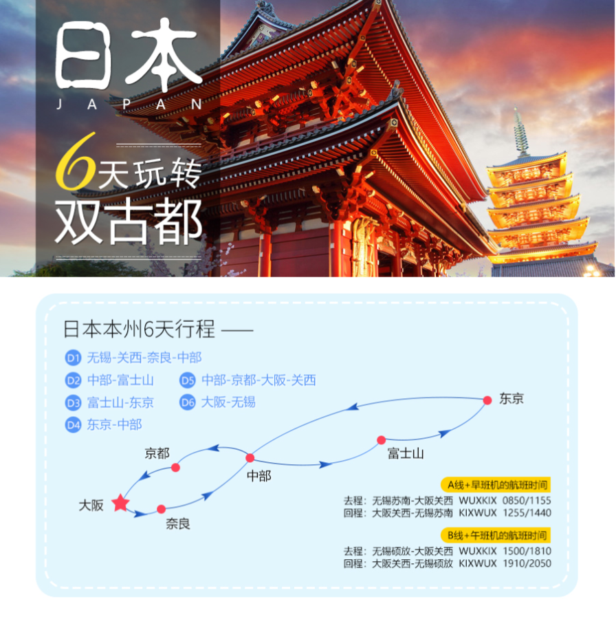 日本东京+箱根+京都+大阪6日5晚跟团游(3钻)·