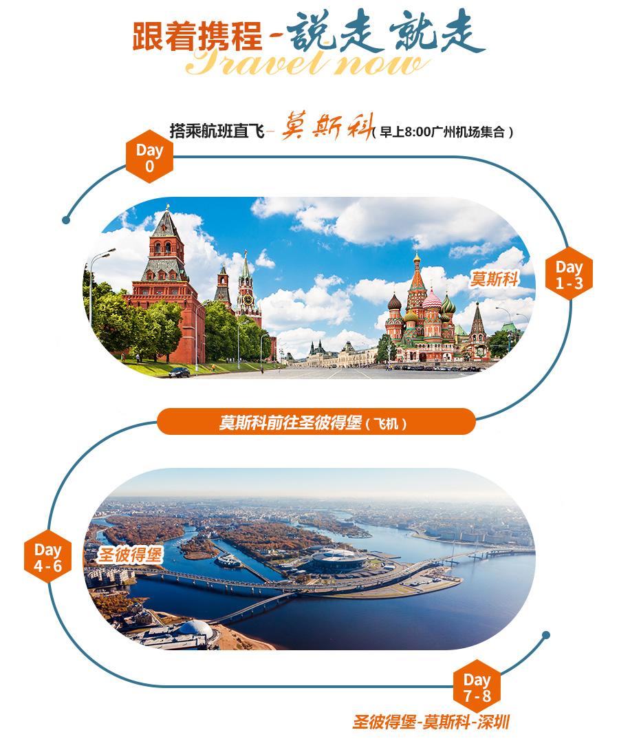 俄罗斯莫斯科+圣彼得堡8日6晚跟团游(4钻)·广