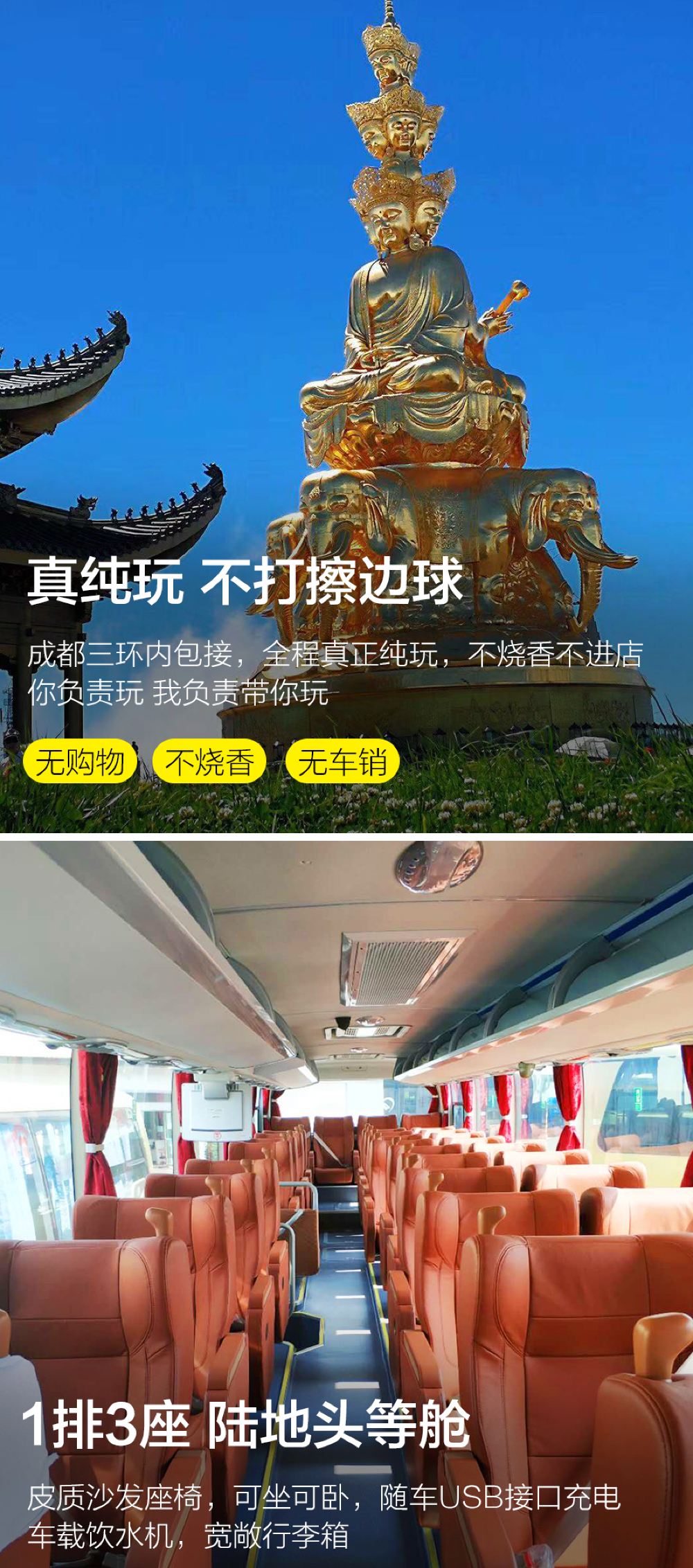 峨眉山一日游船游乐山大佛登金顶航空座椅成都三环内免费接送