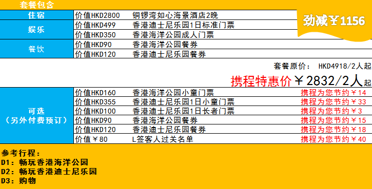 港如心铜锣湾海景酒店+香港迪士尼乐园门票+