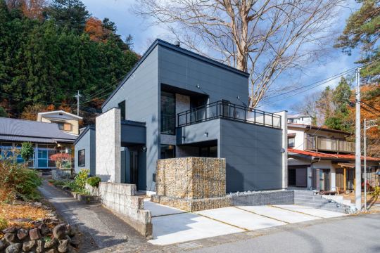 River view house with BBQ & private sauna, wood stove — designer villa with stone terrace & fire