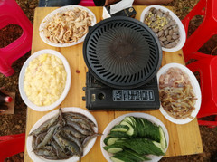 平果游记图片] 平果芦仙湖边准备烧烤，炭火烤鸡和烙锅一起搞，爽了