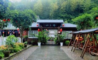 浙江台州天台县外溪山庄，建在蓊郁森林里，内部就有采摘园烧烤园
