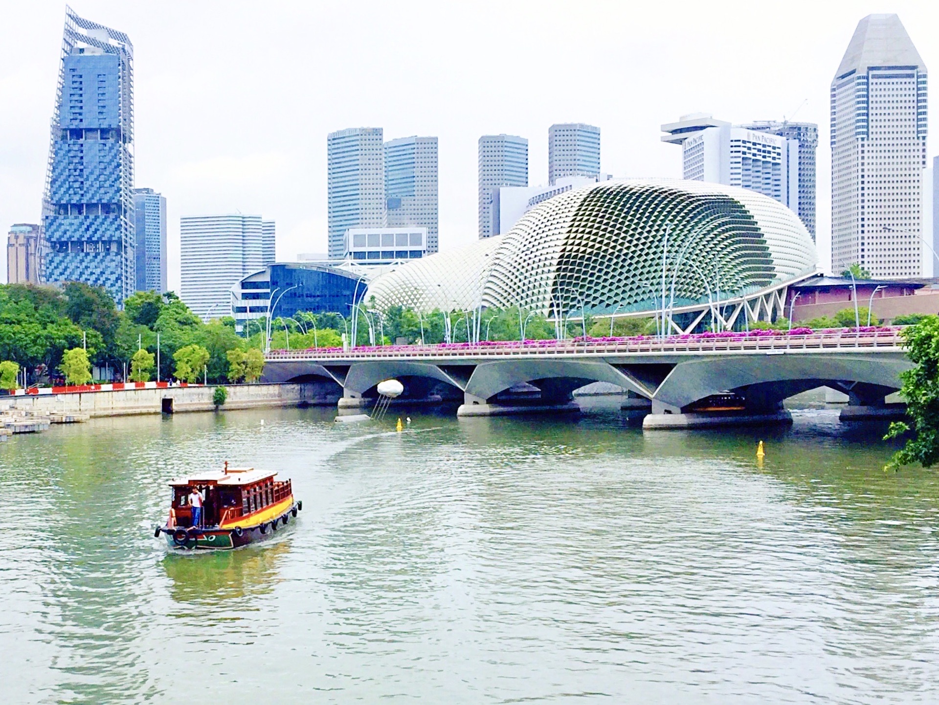 新加坡的桥，海滨大桥、双螺旋桥、大马路桥、加纳文桥。……，都横跨在新加坡河上。滨海大桥，在两旁的是艺