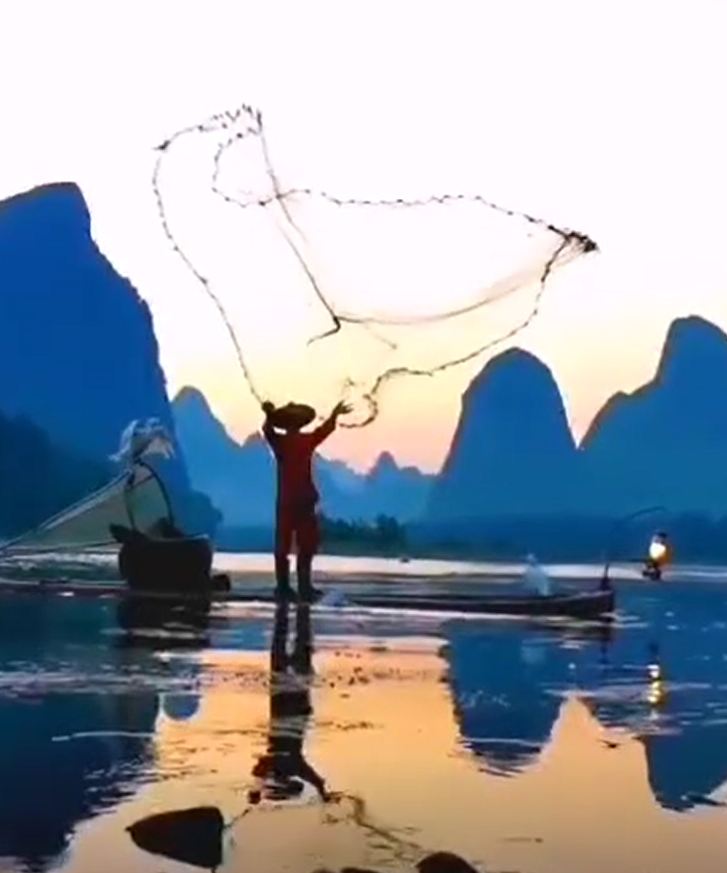 桂林渔歌唱晚，看渔翁撒网啦~
