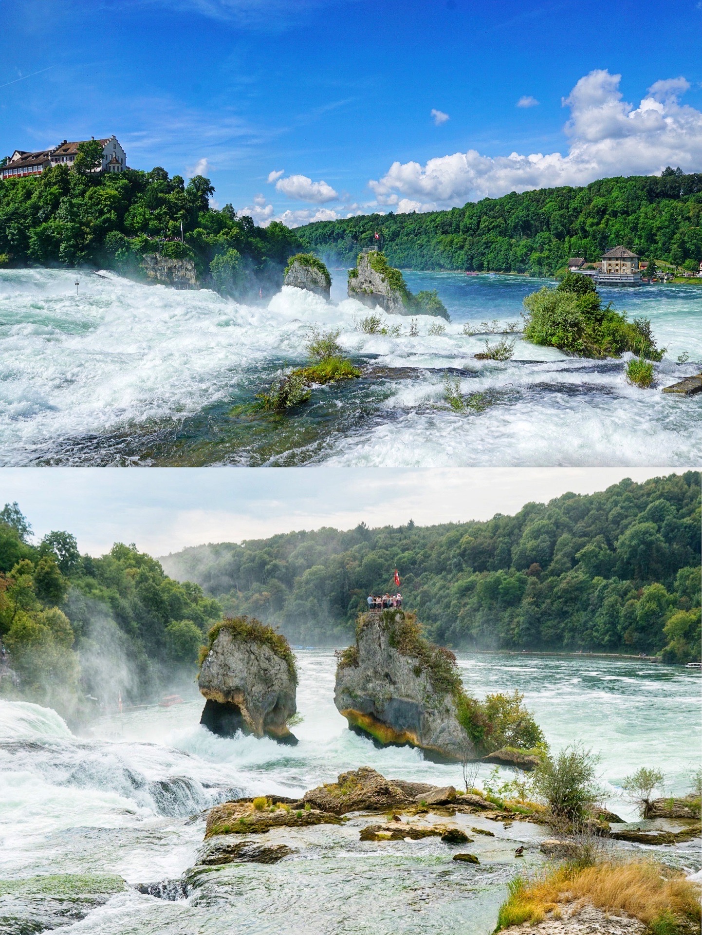 💙简介 莱茵河瀑布是欧洲最大的瀑布，位于德国和瑞士的边境，莱茵瀑布宽150米，每秒流量700立方米游