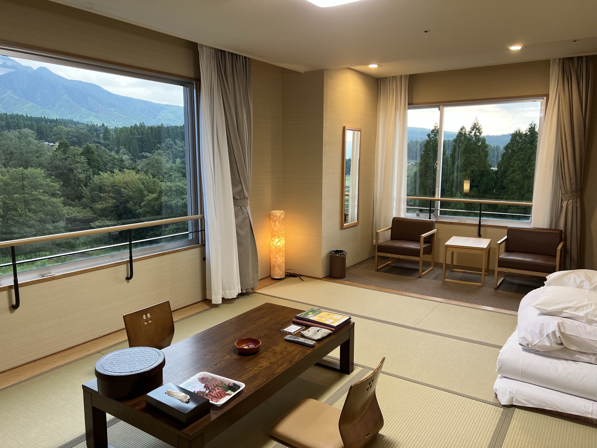 房间很新很宽敞，拉开窗帘就能看到阿苏山，推荐37平米的房间，观景无敌👍，酒店自助餐也不错，晚餐有长脚