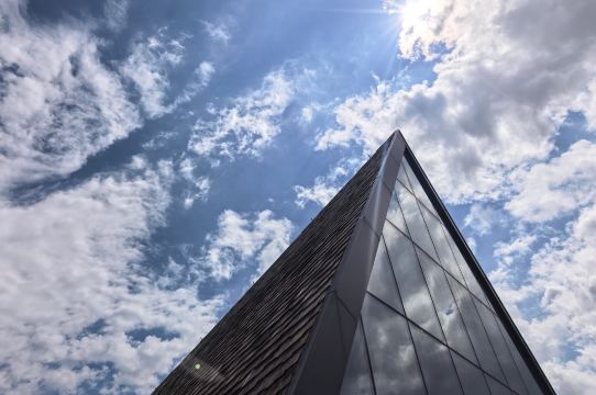 Aerial view of triangular glass-roof villas at Qingting Hotel Changbaishan