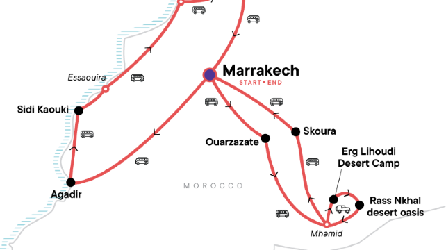 12-Day Southern Morocco Tour from Marrakech·Ouarzazate, Skoura, Agadir, Sidi Kaouki, Oualidia | Erg Lihoudi Desert Camp | Bertam Oasis