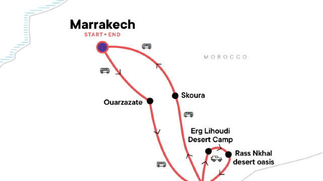 5-Day Moroccan Sahara Dsicovery Tour from Marrakech· Ouarzazate, Skoura | Erg Lihoudi Desert Camp | Bertam Oasis | Sahara Desert