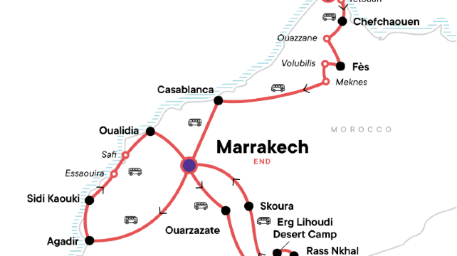 18-Day Complete Morocco Tour from the Sahara to the Coast·Marrakech, Tangier, Chefchaouen, Fès, Casablanca, Skoura, Sidi Kaouki, Agadir, Oualidia | Erg Lihoudi Desert Camp | Bertam Oasis