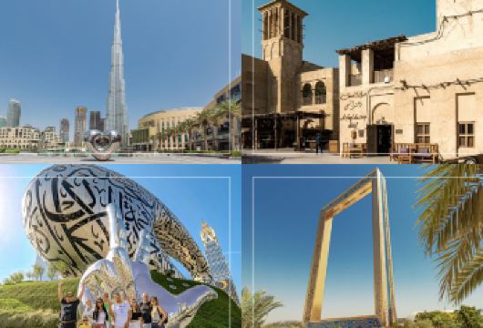 迪拜：老城区导览游含阿布拉船体验及哈利法塔【探索Al Seef，完美融合传统与现代建筑的魅力 驻足片刻，捕捉迪拜相框与迪拜未来博物馆的宏伟壮观 乘坐传统木船