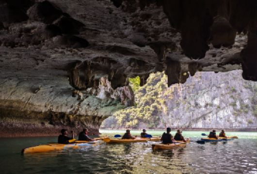从河内出发，前往下龙湾和兰哈湾日游，体验皮划艇、游泳和滑水等活动，探索联合国教科文组织世界遗产。【这条独特的路线展现了兰哈湾-下龙湾（联合国教科文组织世界遗产）的原始与宁静。 在黑暗与光明洞穴划皮划艇，在八打岛海滩游泳。 午餐供应新鲜海鲜和越南籍菜肴（提供素食菜单）。团队专业热情。】