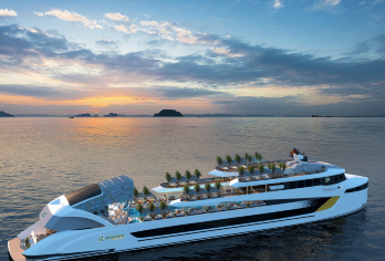 海豚豪华五星级下龙湾一日游（含自助午餐和班车）【高级游轮体验：乘坐高级一日游游轮穿越翡翠水域和石灰岩喀斯特地貌。 休闲与娱乐：享受自助午餐、泳池派对、按摩浴缸和日落时的现场音乐。 灵活探索：参观惊喜洞、迪托普岛，并选择乘坐皮划艇或舢板船。】