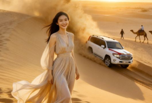 ROSE SAFARI 阿布扎比下午冲沙/清晨冲沙可选-接送【[阿布扎比高端下午冲沙]阿布扎比市区酒店接送+冲沙+日落+滑沙+汉娜+表演+自助晚餐+骑骆驼体验】