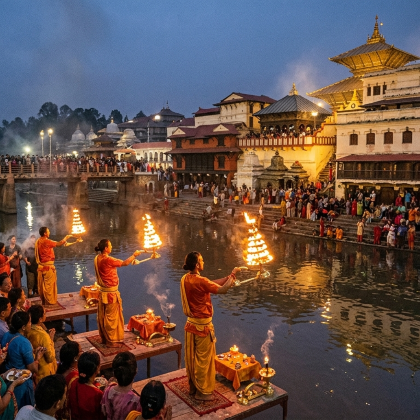加德满都-帕斯帕提那寺晚间火祭仪式（桑迪亚阿拉蒂）