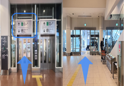 エレベーターで1階へ降り、出口ドアから外へ出る