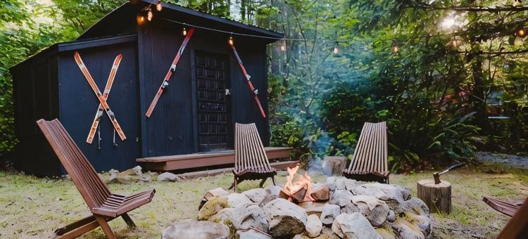 设计师A字形木屋 · 森林热水浴池 · 火盆(Designer A-Frame · Forest Hot Tub · Fire Pit)图片
