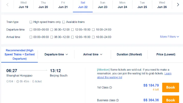 China Train Booking on Trip.com web