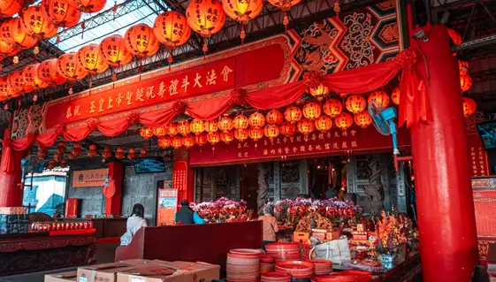 Temple in Taiwan decorated with red lanterns