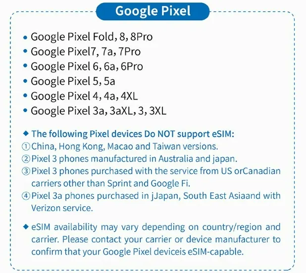 List of China eSIM Compatible Phones of Google Pixel