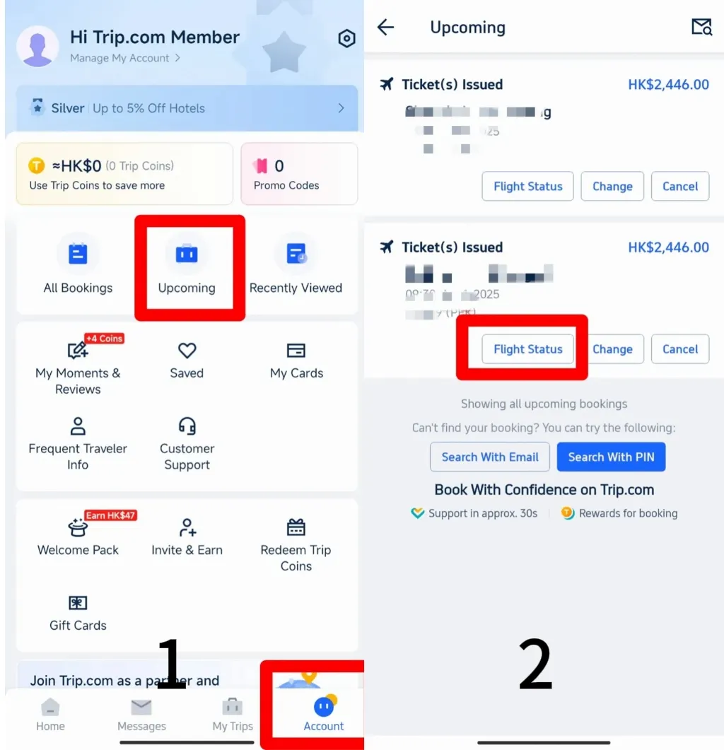 Step 1: Go to Upcoming Trips and Flight Status