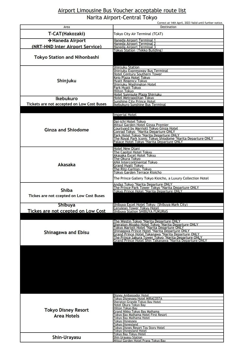 Airport Limousine Bus Route List