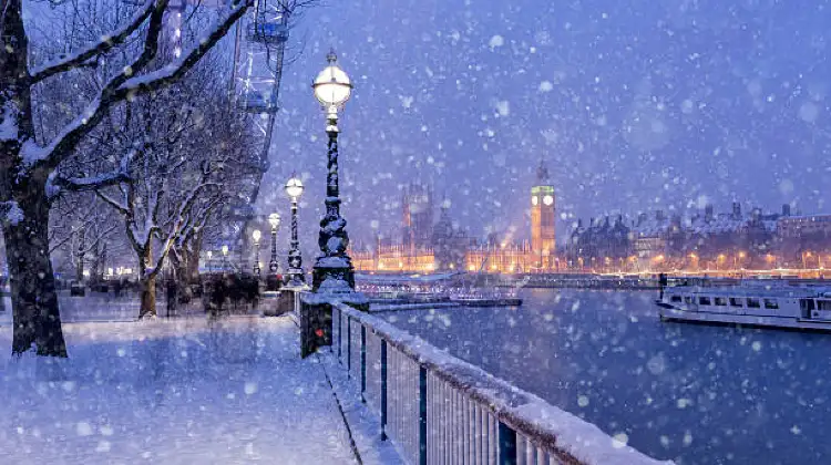 Snow Scenery along London Thames River