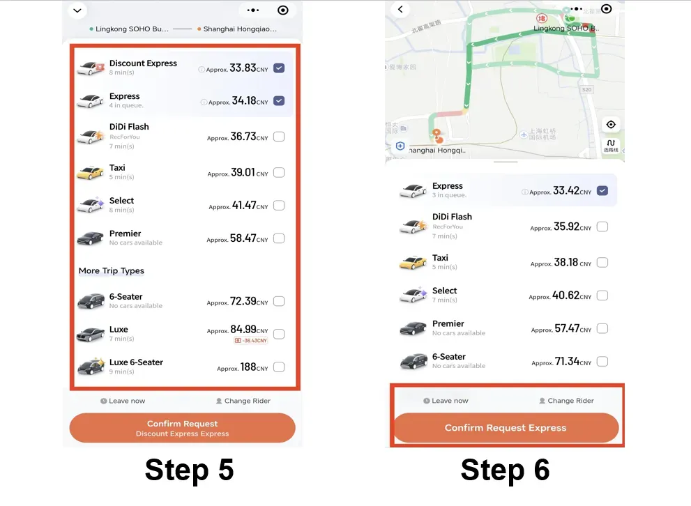 Step 6: Select the taxi type you preferred and click on "Confirm Request Express" to make a ride.