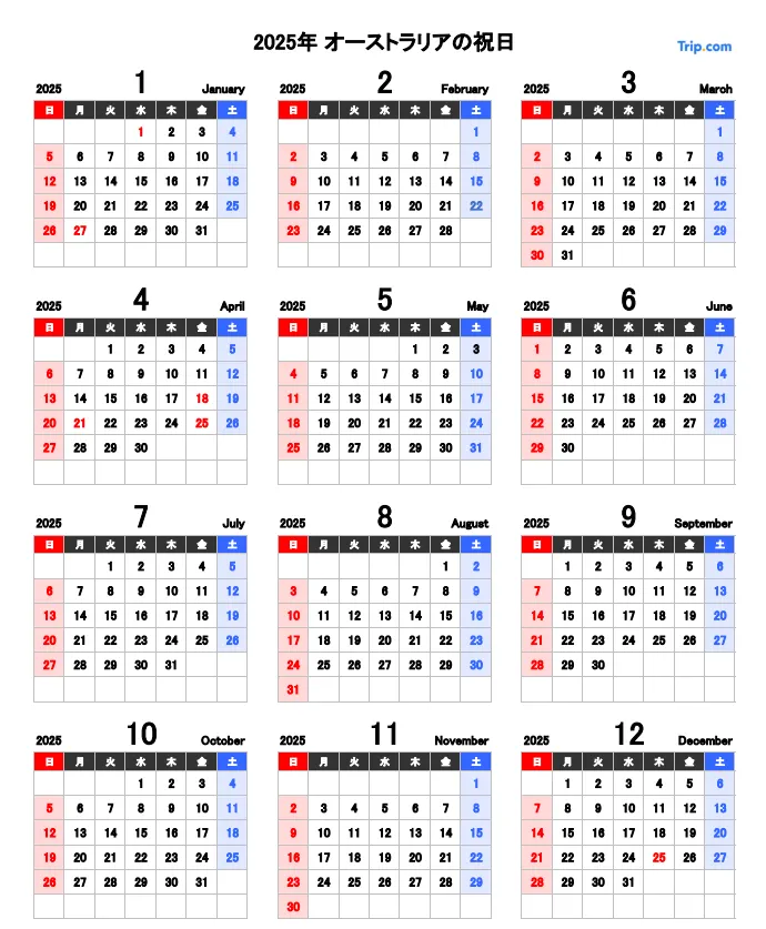 2025年オーストラリアの祝日カレンダー