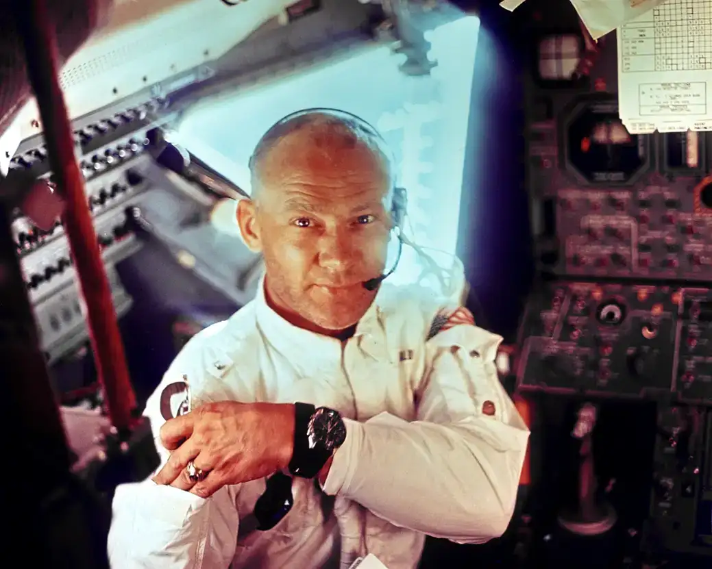 Buzz Aldrin poses inside the first lunar landing module. Source: NASA / unsplash