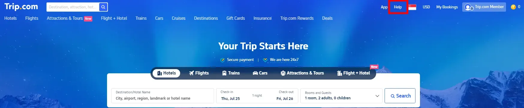 Step 1: Tap "Help" at the Top of the Trip.com website