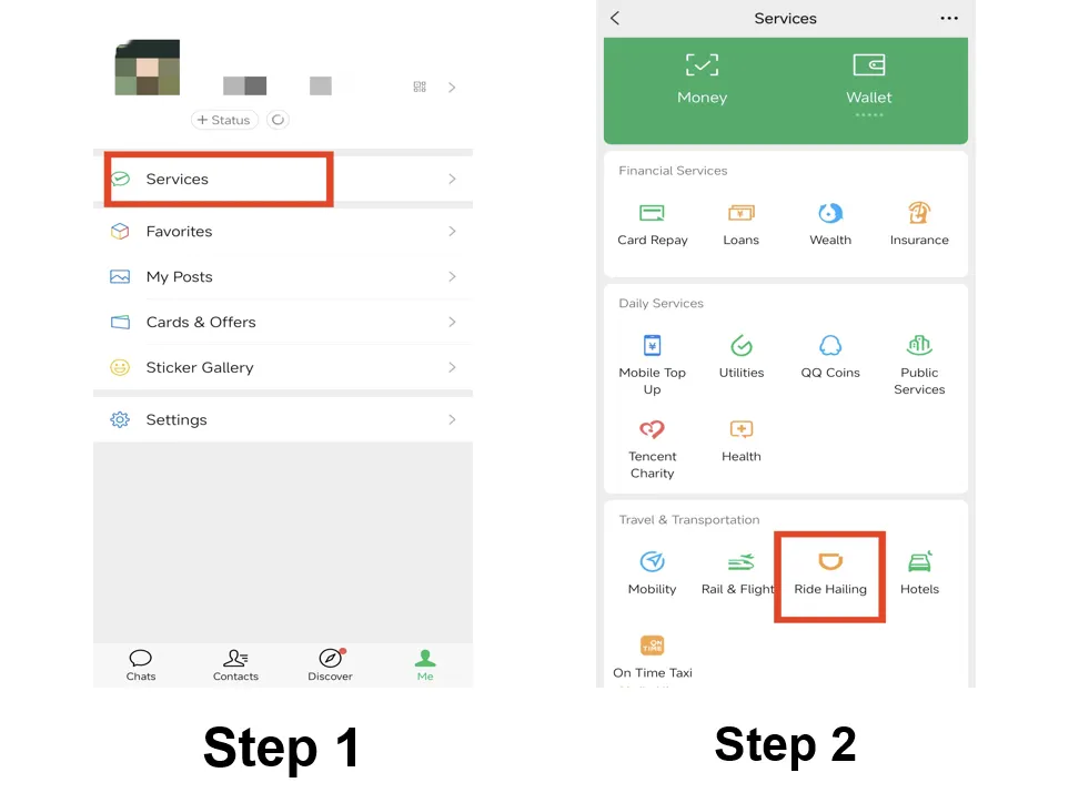 Step 1: Tap "Services" to find DiDi for Taxi-hailing Service.