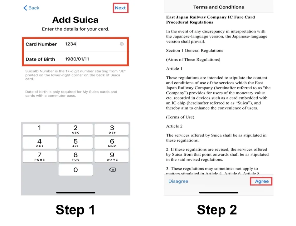 Tap "Agree" to transfer your physical Suica Card to your iPhone or Apple Watch.
