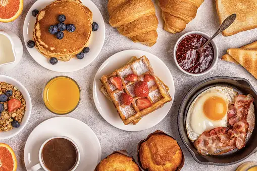 Various kinds of food for brunch in London