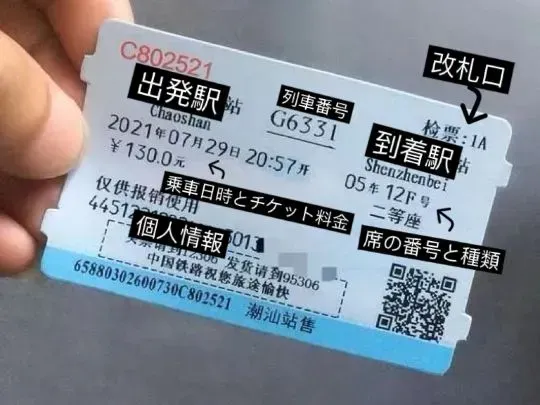 中国高速鉄道のチケット。出発駅や到着駅、列車番号、乗車日時、料金、座席番号などの情報が記載され、日本語で項目説明が加えられている。