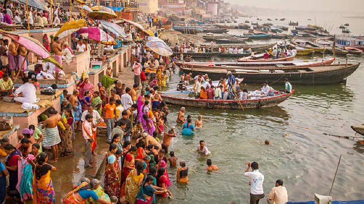 ram navami 2025 - Pilgrims bathing in a local river