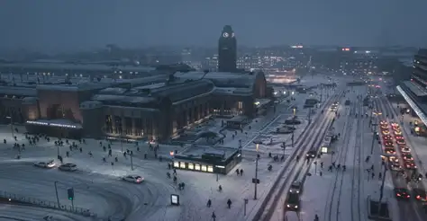 Arial photography of a street filled with snow in Finland