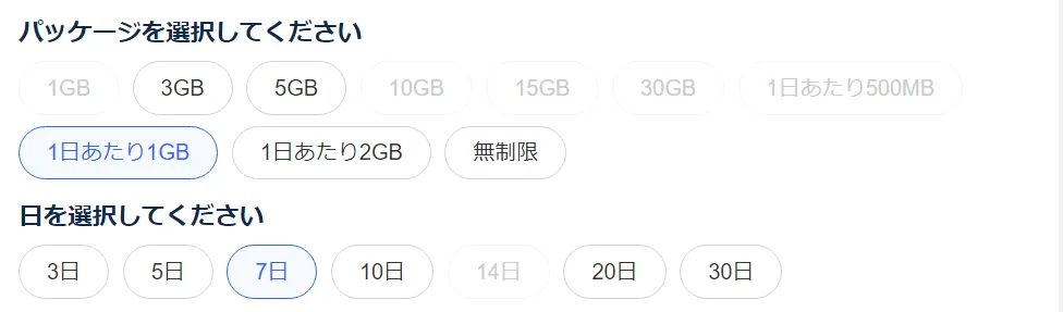購入画面で希望の日付と容量を選択する