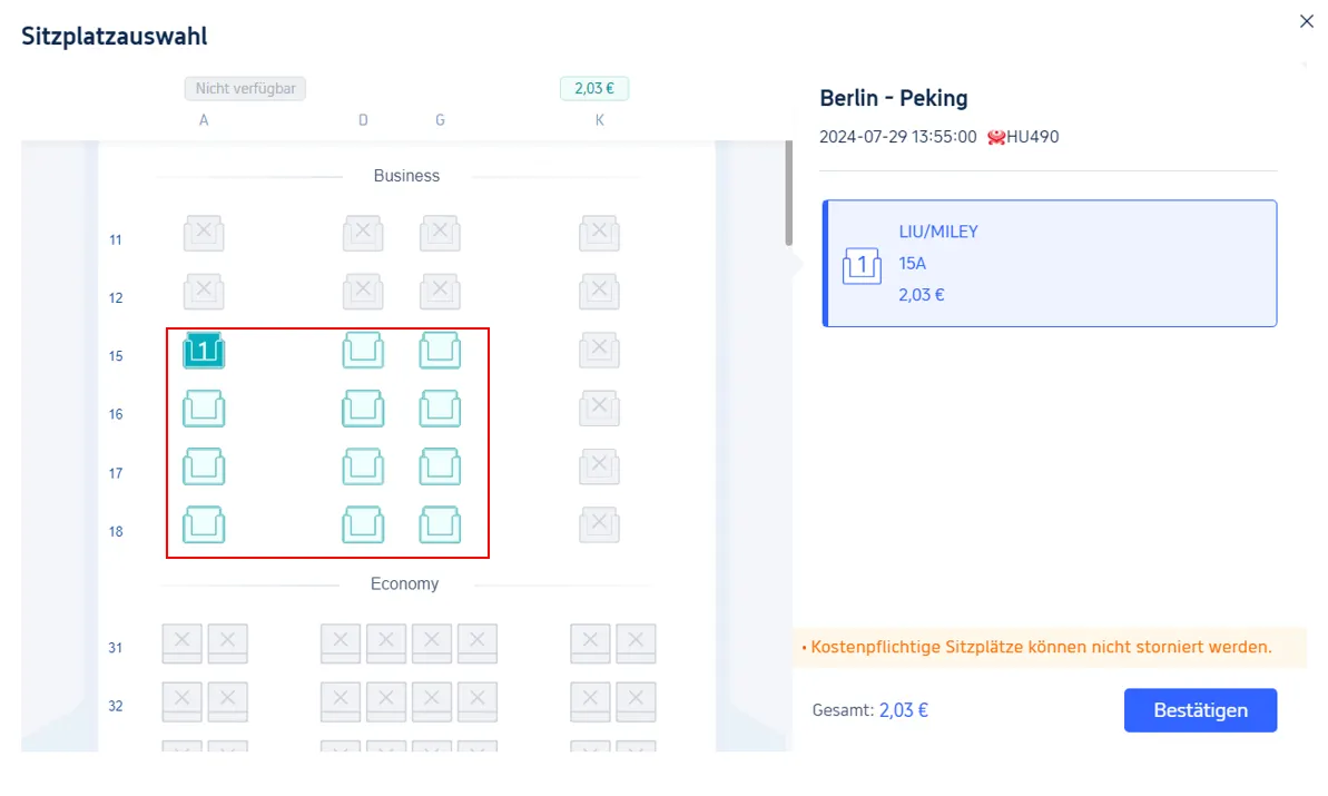 Wie kann ich meinen Sitzplatz auswählen?