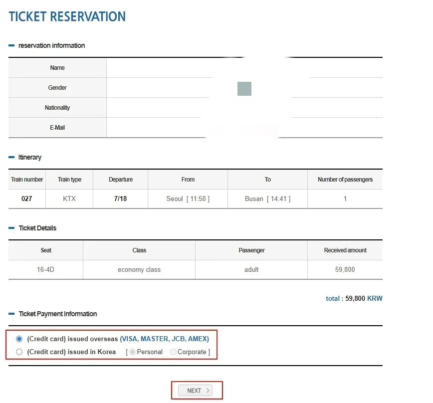 การลงทะเบียน และการซื้อตั๋วในเว็บไซต์ Korail