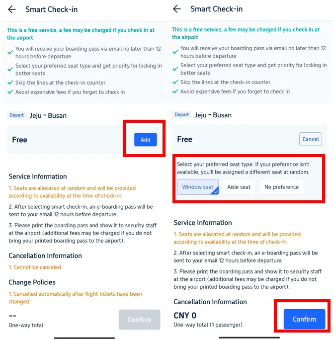 Trip.com Check In Step 3: Choose and Confirm Your Preferred Seat Type