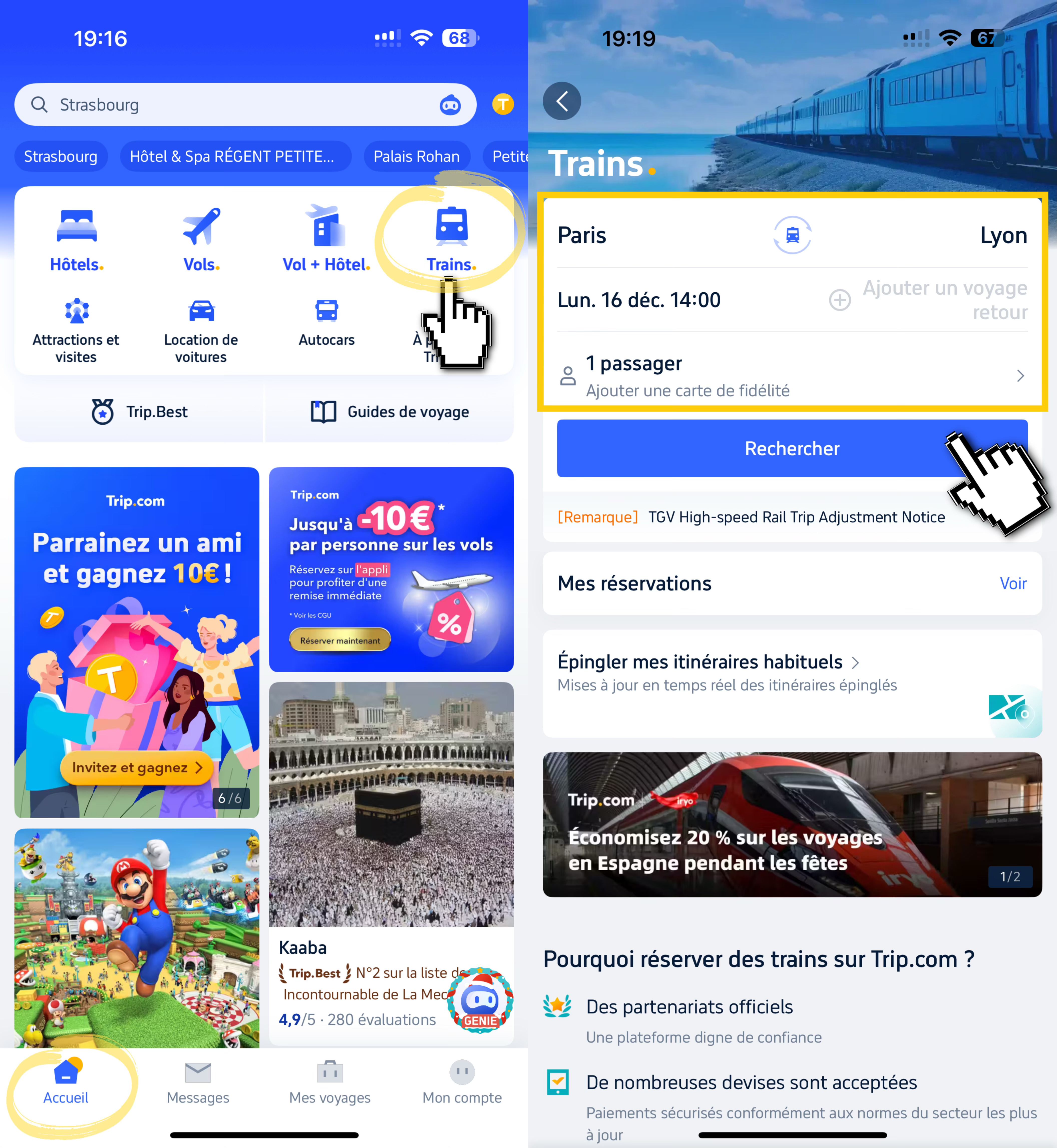 Trip.com APP pour acheter des billets : Entrez les détails de votre voyage