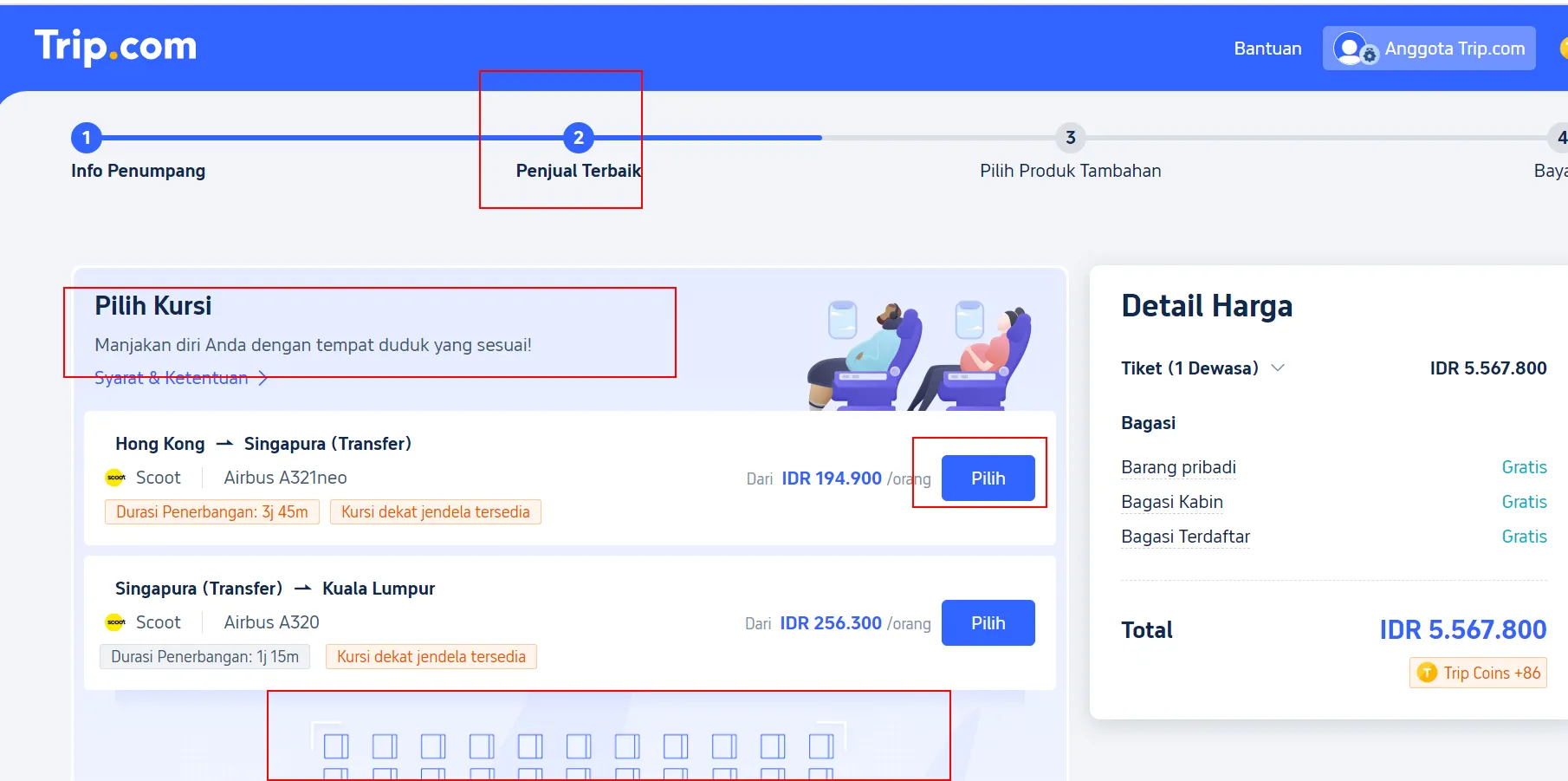 Langkah 3: Pilih Tempat Duduk yang Anda Sukai secara Online