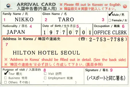 韓国の入国カード記入例。名前「NIKKO TARO」、国籍「JAPAN」、職業「OFFICE CLERK」、滞在先「HILTON HOTEL SEOUL」などが記入された見本。