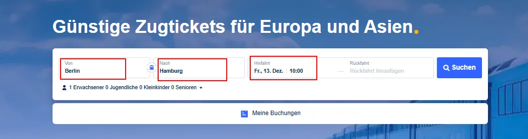 Schritt 1: Reisedaten und Ziel eingeben