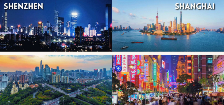 Night and day collage of Shenzhen and Shanghai, showing illuminated skyscrapers, highways surrounded by greenery, and a shopping street with neon signs