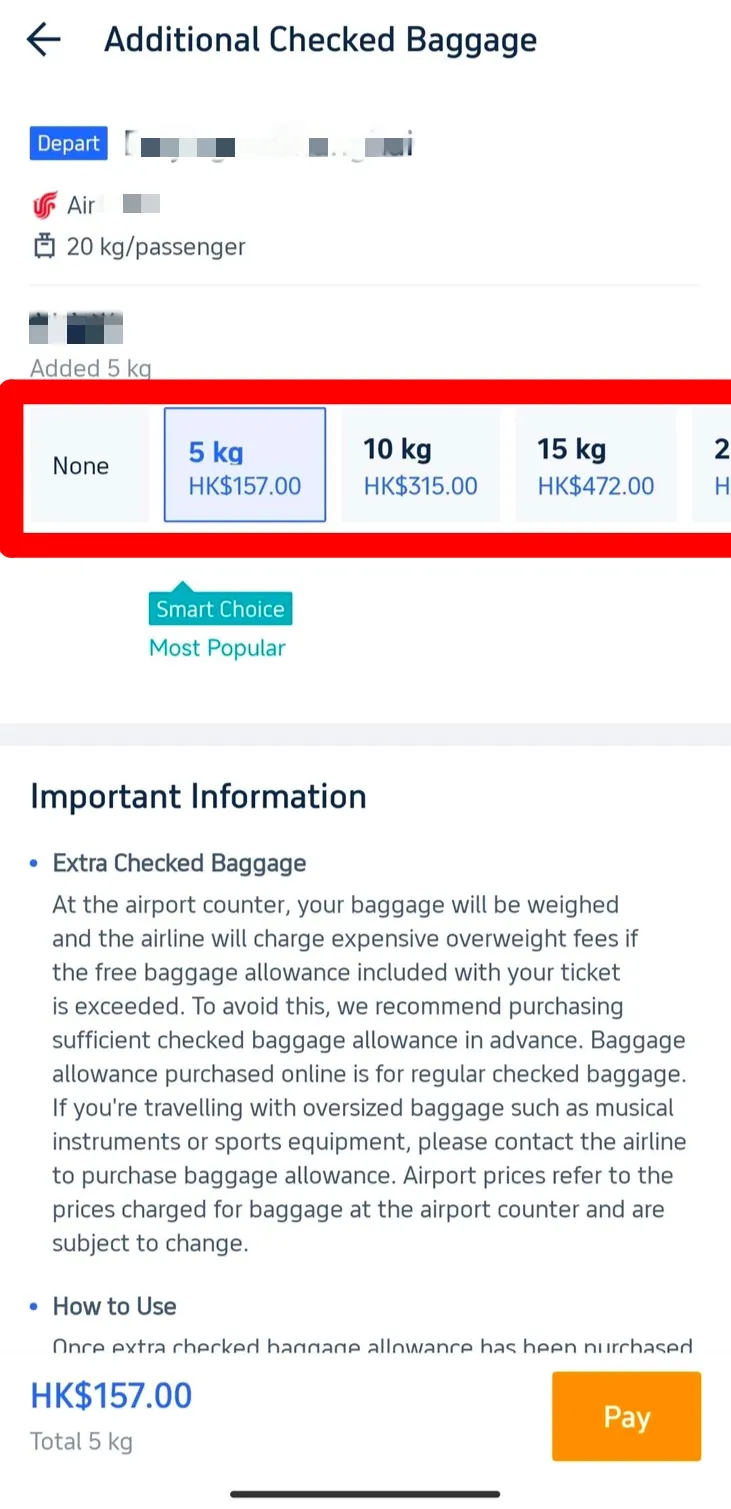 Étape 5 : Choisissez la franchise de bagages supplémentaire que vous souhaitez