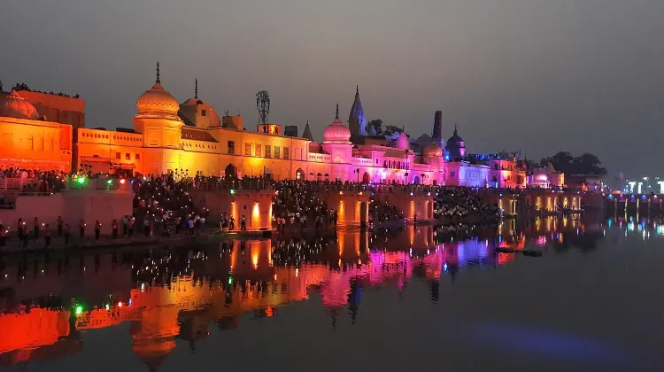 ram navami 2024 - Banks of Sarayu River and modern-day Ayodhya by night